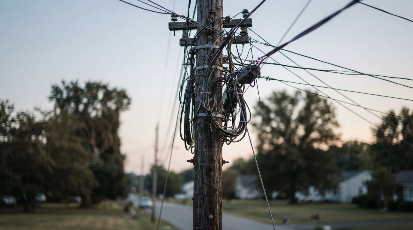 Utility pole carrying several cable types in soft evening light