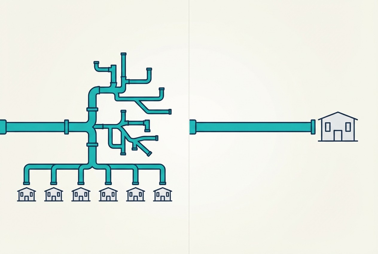 One shared pipe splitting among many buildings compared with a private pipe to one