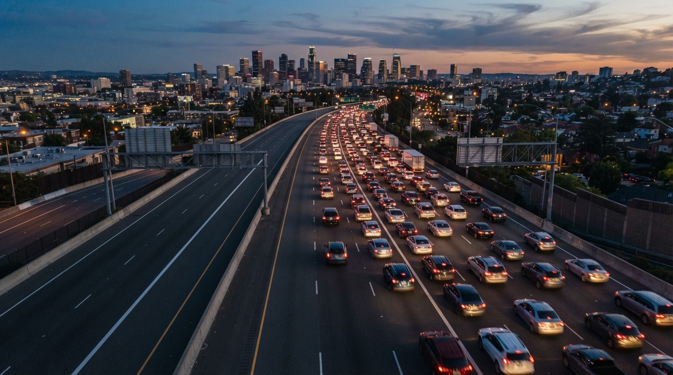 Highway with one lane reserved for a single vehicle beside crowded lanes