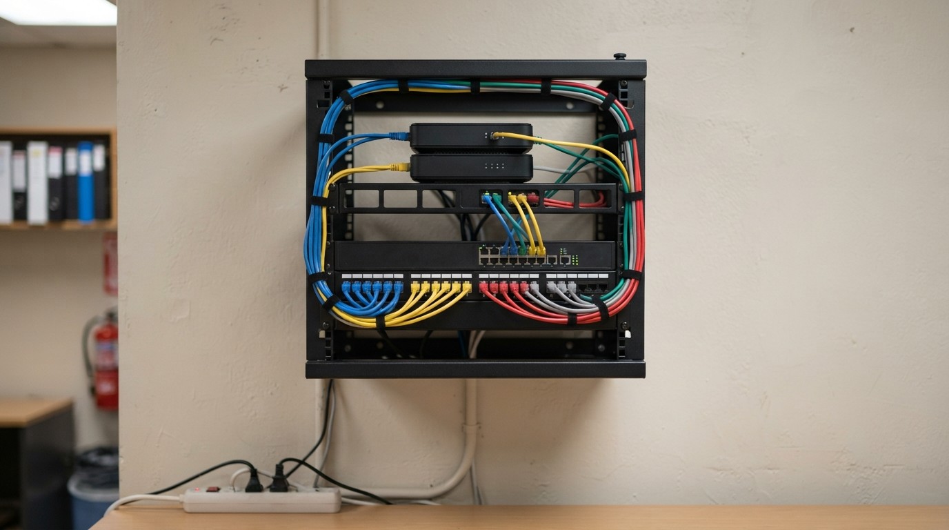 Small network rack holding two modems and a router with tidy cabling