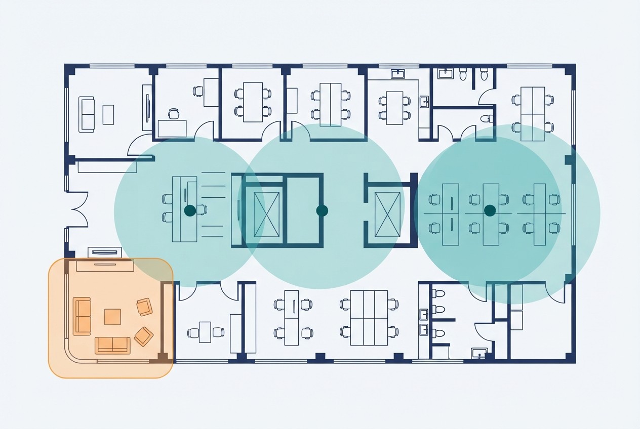Floor plan with overlapping access point coverage circles and a guest zone